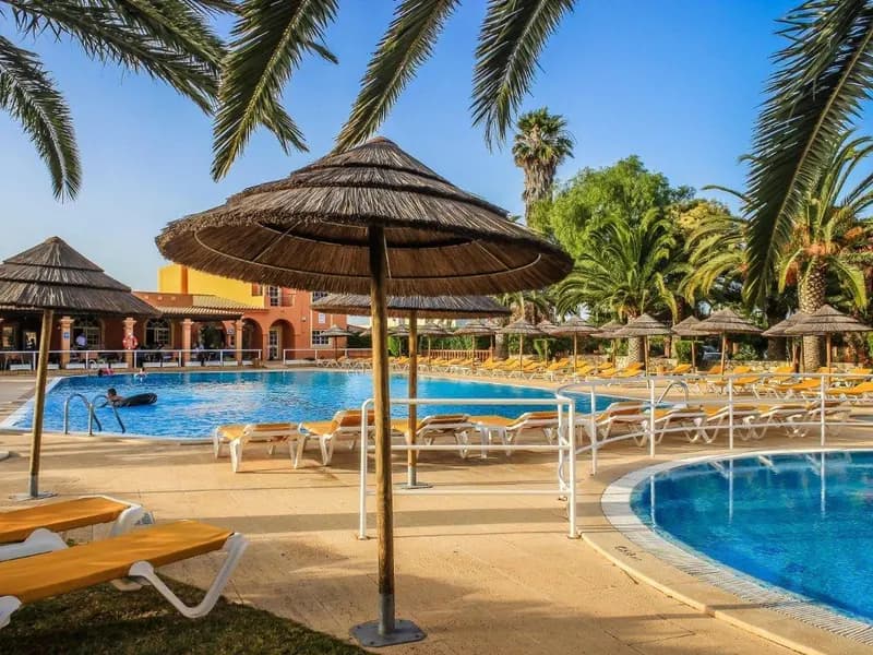 Zwembad met rieten parasols, gele ligbedden en palmbomen bij Colina Village in Carvoeiro