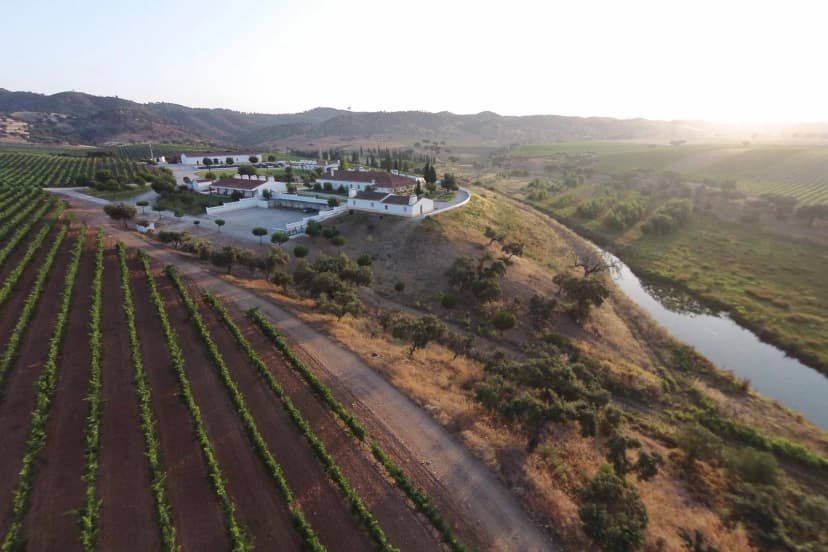 Luchtfoto van wijnlandgoed Herdade do Sobroso aan de oevers van de Guadiana-rivier in de Alentejo