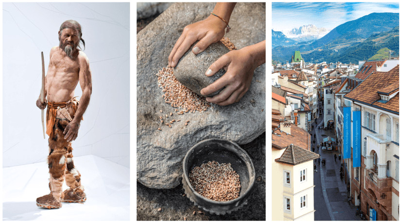 Reconstructie van Ötzi in het archeologiemuseum en de skyline van Bozen