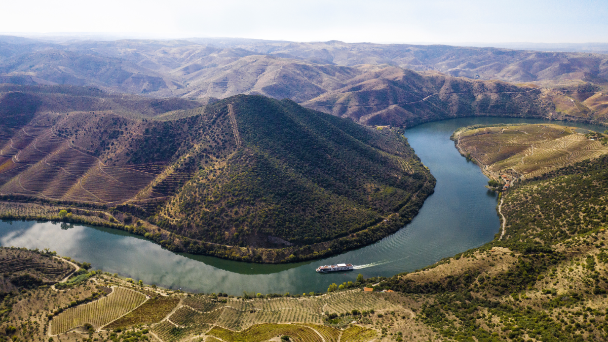 Rivierschip op de Douro-rivier tussen de wijnterrassen in Portugal