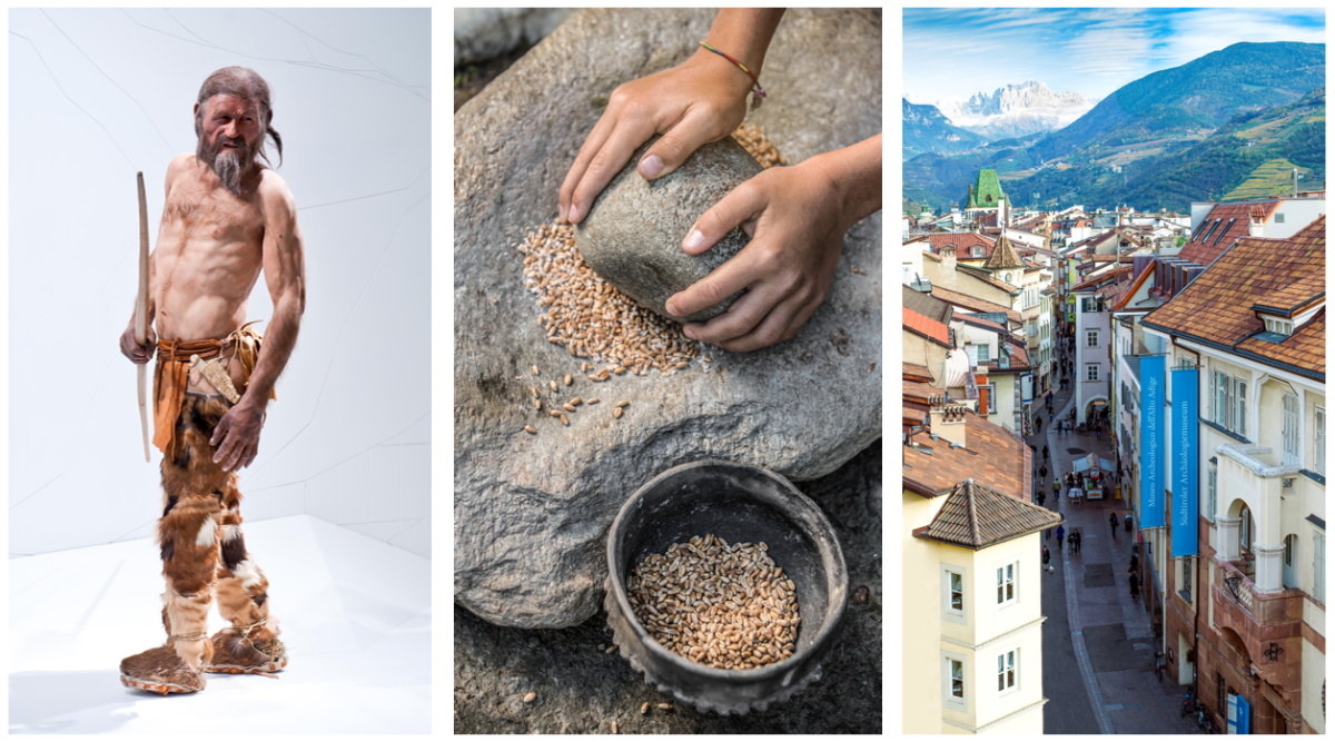 Reconstructie van Ötzi in het archeologiemuseum en de skyline van Bozen